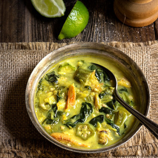 Creamy spinach okra soup with crab meat and coconut milk - mild, perfectly balanced flavors in a thick, luscious broth - delicious and comforting! | www.viktoriastable.com