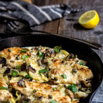 The best chicken scaloppine recipe - sauteed mushrooms and artichokes, smoky pancetta and tangy capers, in luscious lemon butter sauce - simply divine! | www.viktoriastable.com