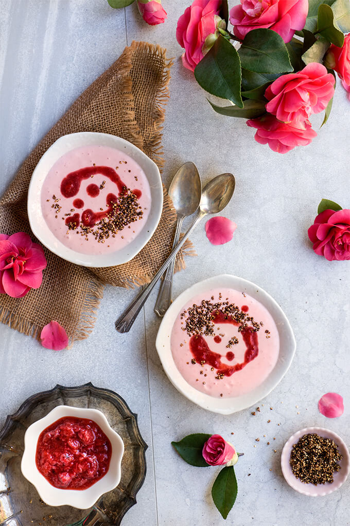 Strawberries and cream breakfast bowl - creamy strawberry coconut yogurt with crunchy caramelized quinoa topping - it's a treat, with health benefits! | www.viktoriastable.com