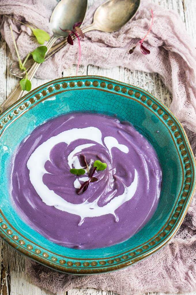 Smoky purple sweet potato soup - creamy, sweet, and so satisfying, with a touch of heat and smokiness. | www.viktoriastable.com