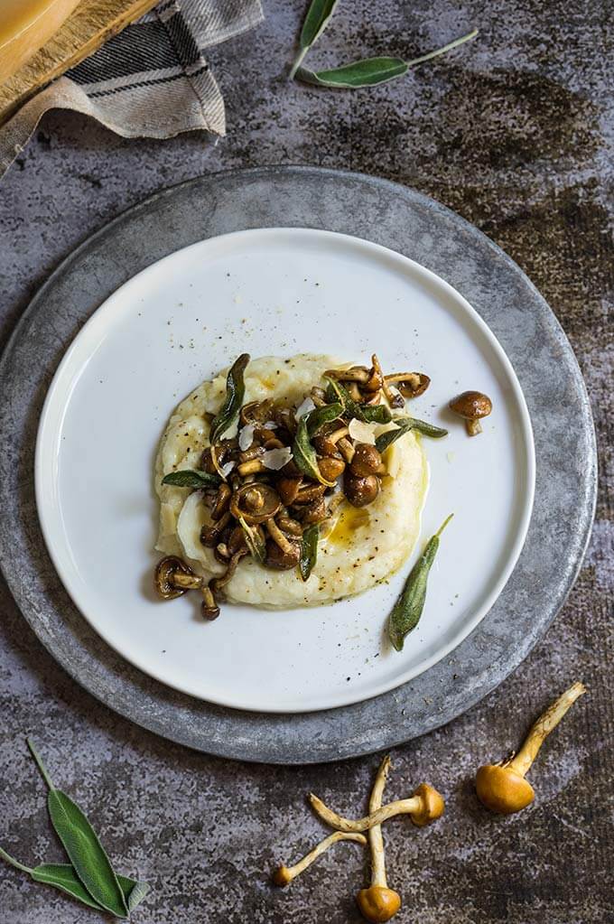 Truffled cauliflower puree with mushrooms and sage butter - creamy and delicious dish, infused with the earthly aroma of truffles and sage, and topped with an oozy egg. | www.viktoriastable.com