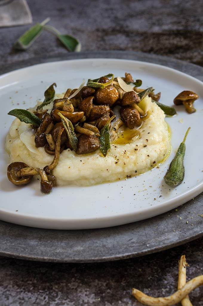 Truffled cauliflower puree with mushrooms and sage butter - creamy and delicious dish, infused with the earthly aroma of truffles and sage, and topped with an oozy egg. | www.viktoriastable.com