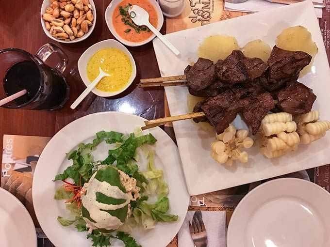 Beef hearts anticuchos at El Tio Mario - Barranco, Lima