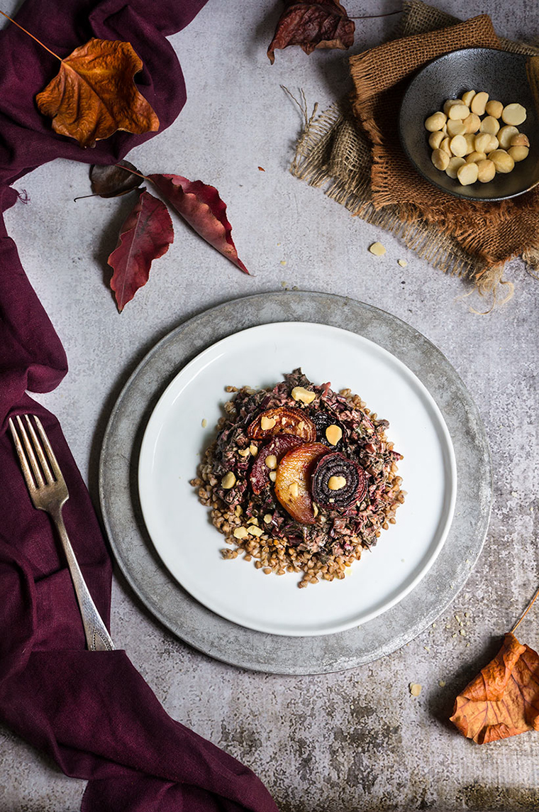 Coconut-creamed beet greens with toasted buckwheat + macadamia nuts | www.viktoriastable.com