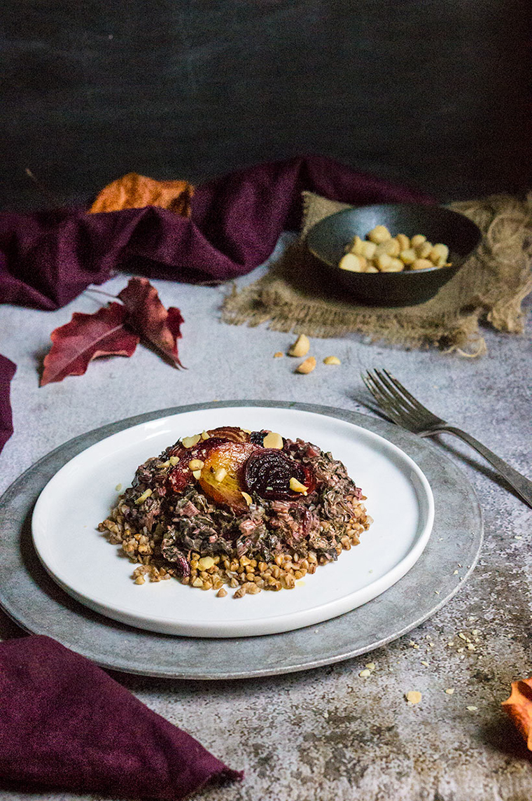 Coconut-creamed beet greens with toasted buckwheat + macadamia nuts | www.viktoriastable.com