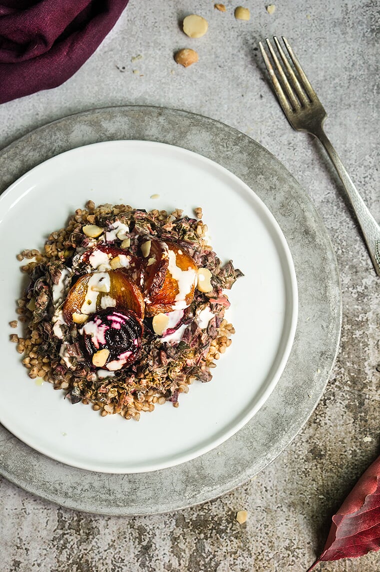 Coconut-creamed beet greens with toasted buckwheat + macadamia nuts | www.viktoriastable.com