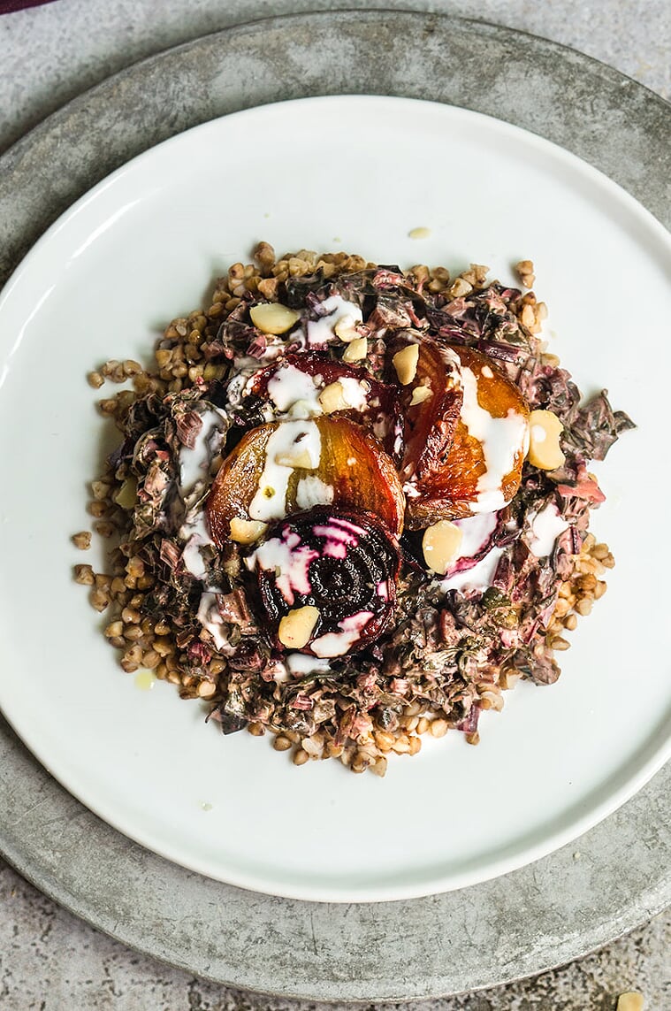 Coconut-creamed beet greens with toasted buckwheat + macadamia nuts | www.viktoriastable.com