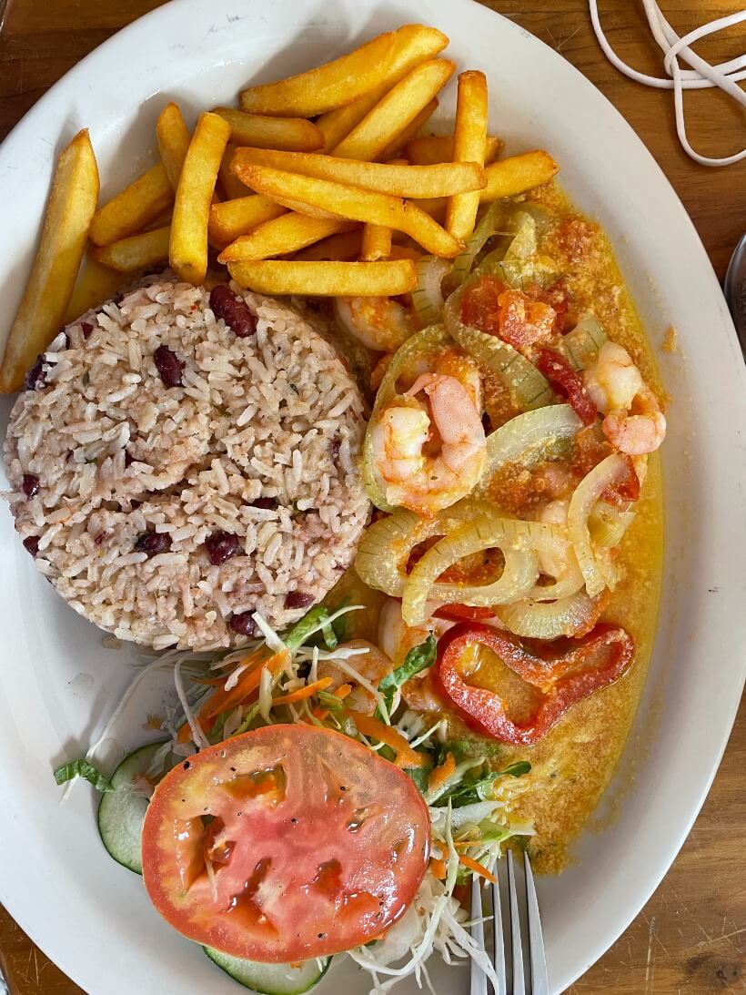 Shrimp coconut curry at Soda Mirna, Puerto Viejo