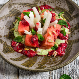 Watermelon jicama mint salad - it's a mouthwatering combination of contrasting flavors and textures - creamy, and crunchy, sweet and tart, but most of all delicious and refreshing! | www.viktoriastable.com