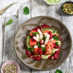 Watermelon jicama mint salad - it's a mouthwatering combination of contrasting flavors and textures - creamy, and crunchy, sweet and tart, but most of all delicious and refreshing! | www.viktoriastable.com