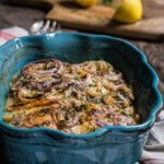 Celery root and smoked salmon gratin - in this creamy dish, aromatic celery root pairs beautifully with smoked fish, red onions and dill-flavored creme fraiche for a quick and easy dinner. | www.viktoriastable.com